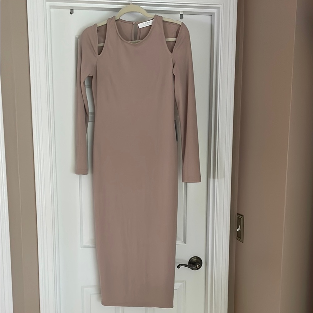 Astr Tan Ribbed Bodycon Dress Cold Shoulder Long Sleeve